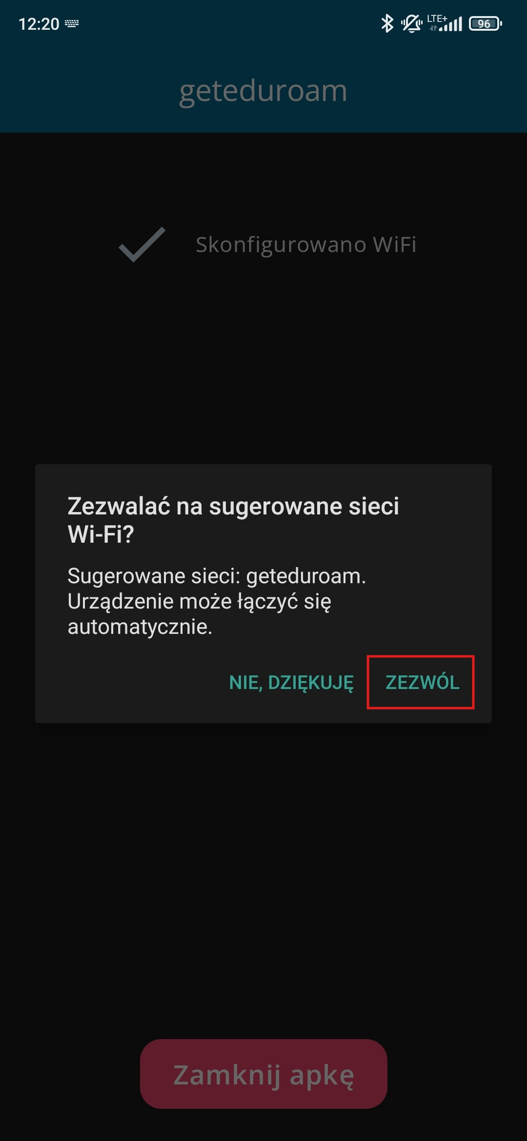 Potwierdzenie sugerowania sieci