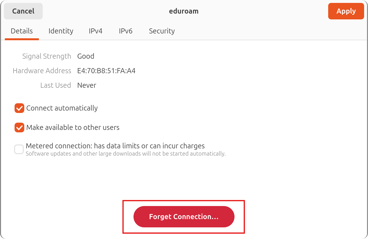 Przycisk "Forget Connection..."