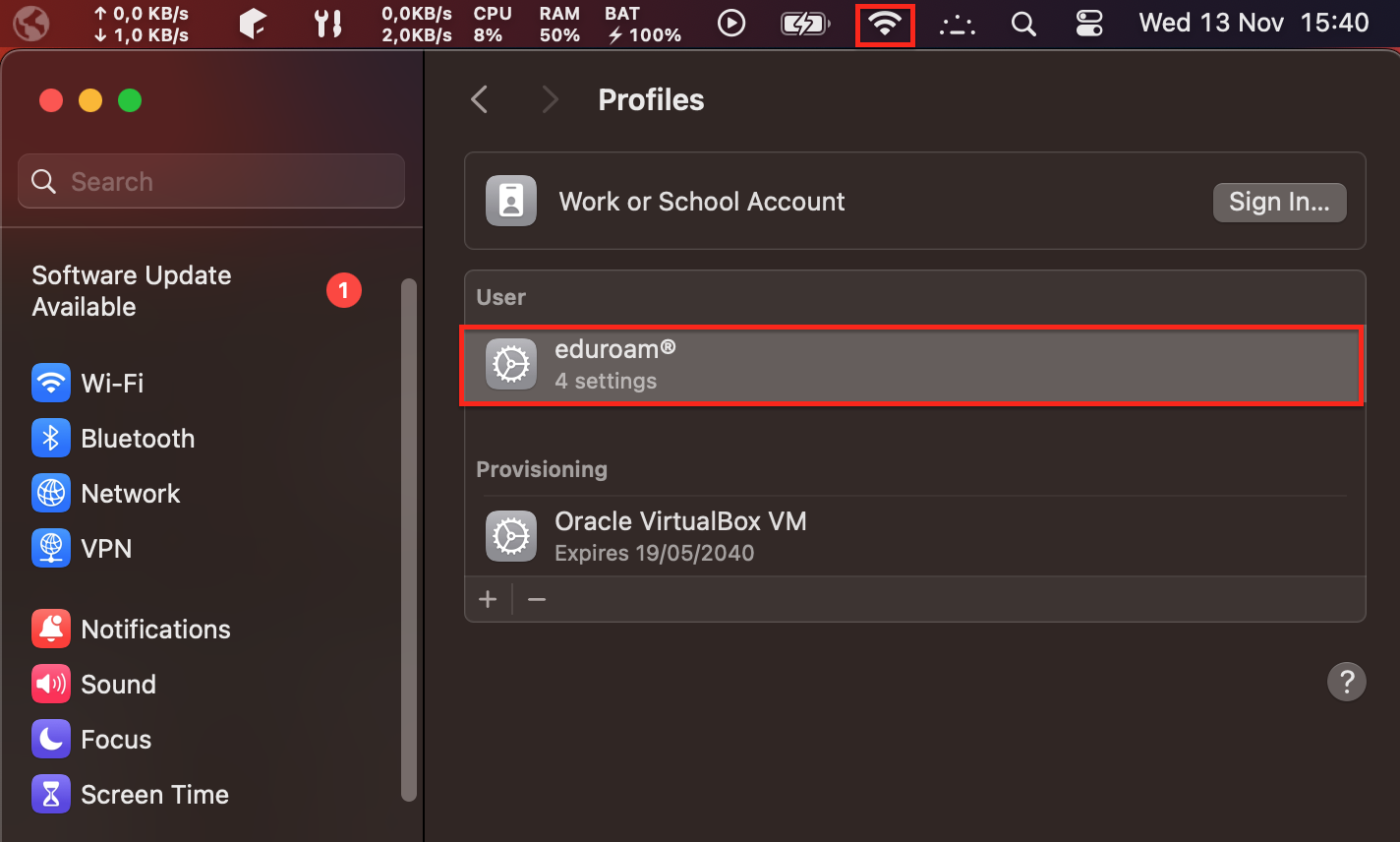 Widok skonfigurowanej sieci eduroam