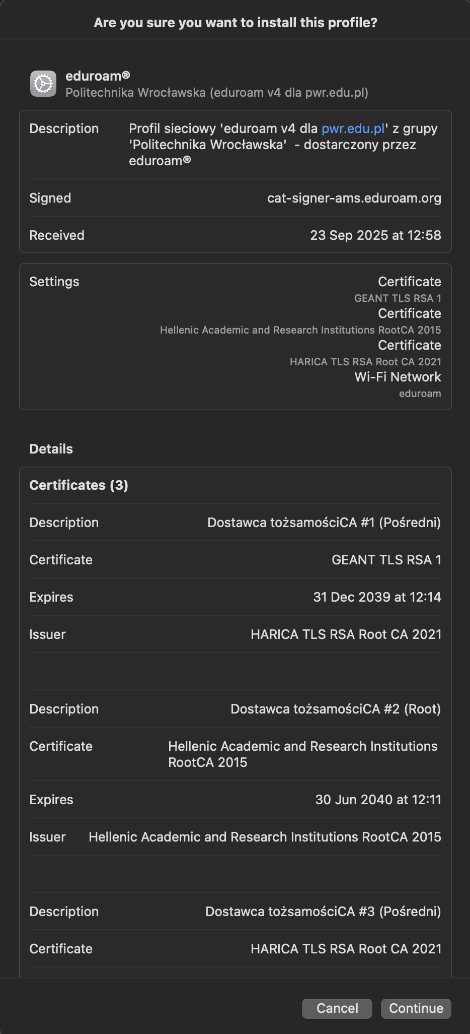 Szczegóły certyfikatu eduroam