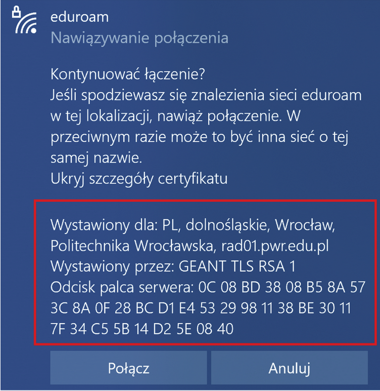 Sprawdzenie odcisku serwera