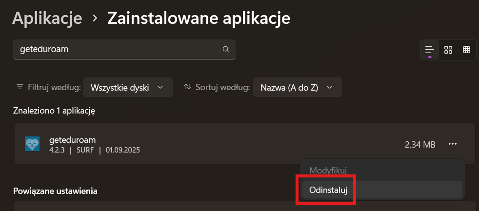 Deinstalacja programu geteduroam
