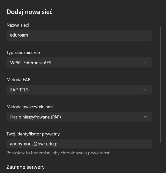 Dodawanie profilu Wi-Fi