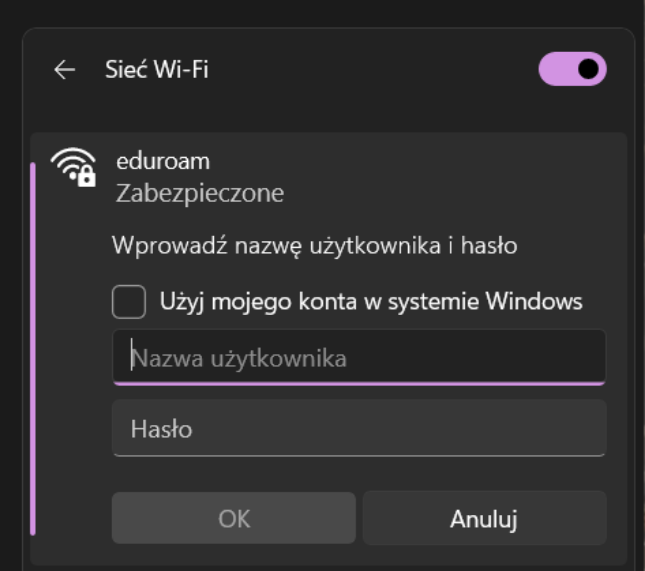 Wpisanie poświadczeń