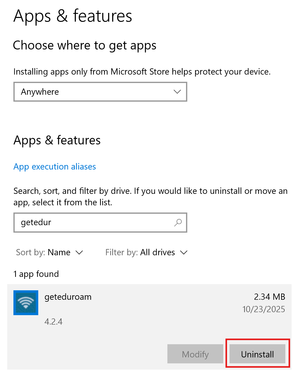 Uninstall geteduroam