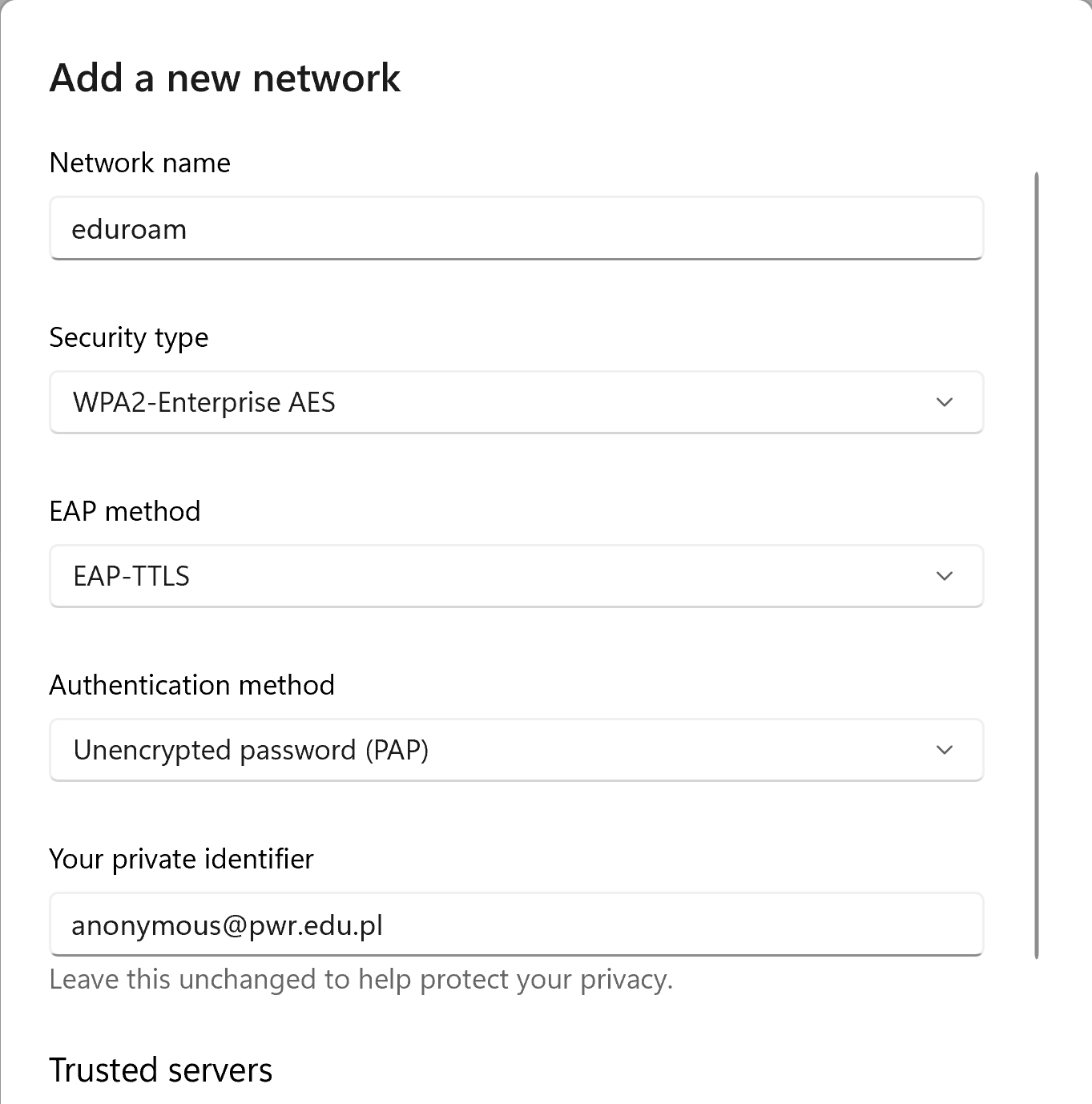 Add new network profile 1/2